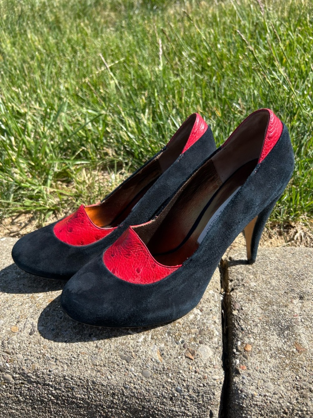 Cynthia Vincent Black Suede Pumps with Red Accents